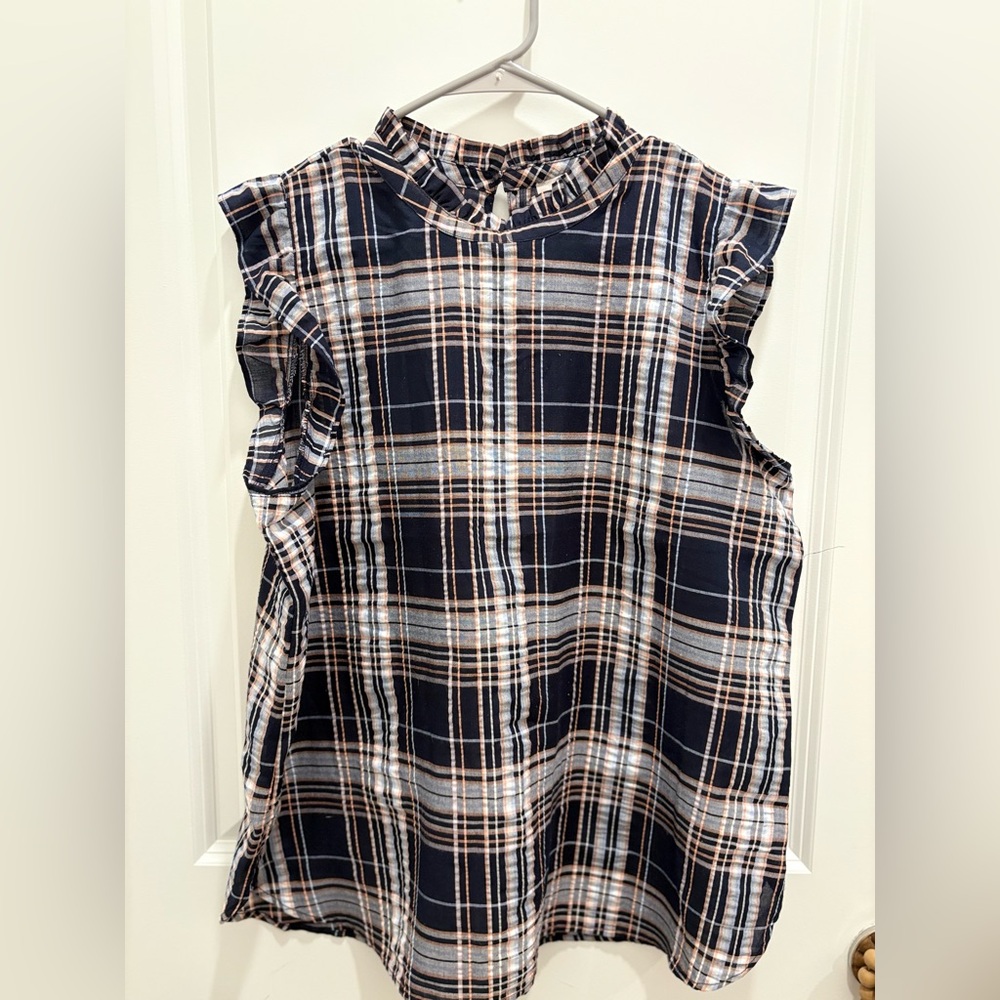 LOFT Blue and White Ruffled Blouse